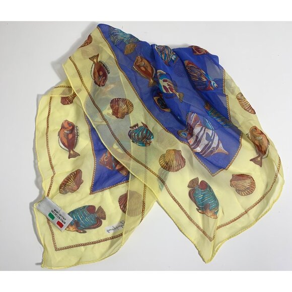 Vintage Made in Italy Symphony Scarf Tropical Fish Clam Shell Boarder 19x19.5" - Picture 1 of 5